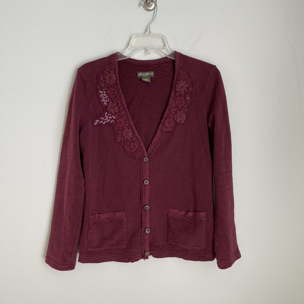 Eddie Bauer Burgundy Embroidered Long Sleeve Cardigan